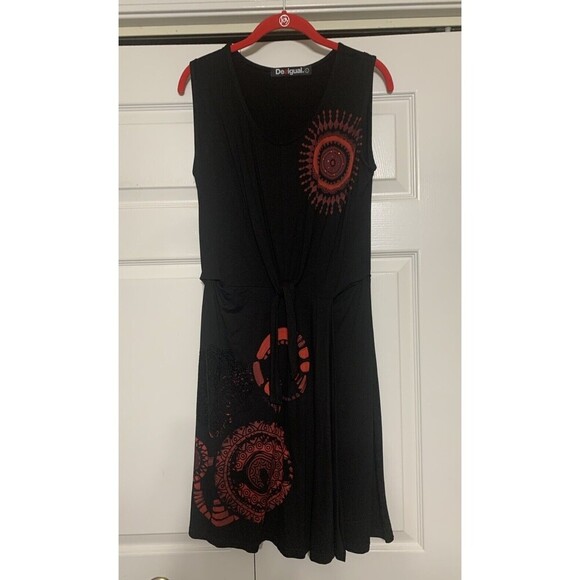 Desigual Dress Geometric Print Faux Wrap Tie Front Black & Red Whimsygoth size L - Picture 1 of 11